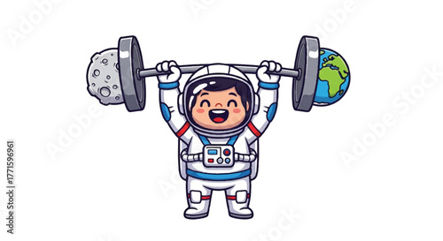 A cartoon astronaut lifting a barbell with a moon and earth on either end in a white space suit with blue accents.
