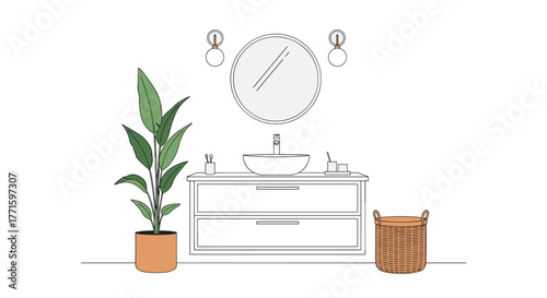 A minimalist and clean bathroom interior design featuring a modern vanity with a vessel sink, round mirror, lush green plant, and woven laundry basket.