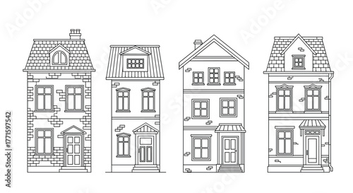 A row of four distinct line art illustrations depicting traditional residential houses with varied architectural details and styles.