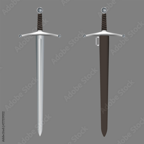 Medieval sword with scabbard. Unsheathed and sheathed vector sword illustration