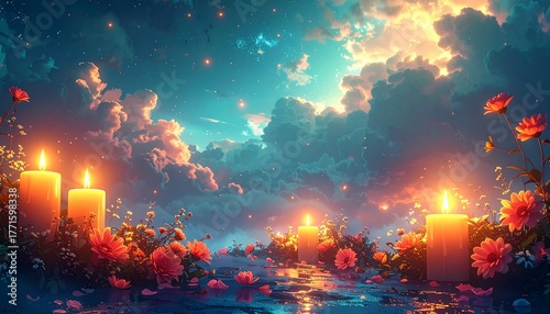 Dreamy Digital Art for All Souls Day: Glowing Candles and Flowers Under a Magical Sunset Sky. Spiritual Remembrance and Peace