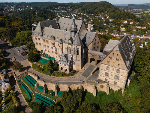 Aerial View of Historic Castle and Cityscape