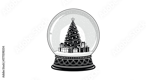 A festive snow globe with a decorated Christmas tree and neatly wrapped gifts inside, depicting a cozy holiday scene and winter spirit.
