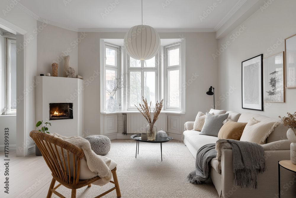 Fototapeta premium Cozy Scandinavian living room minimalist design soft