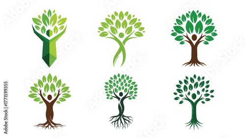 Collection of stylized tree logos with human figures integrated into the design