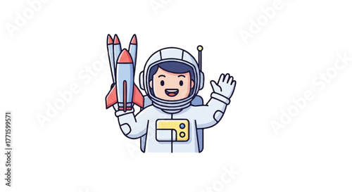 A cartoon astronaut in a white spacesuit holding a rocket and waving, with a cheerful expression on a plain white background.