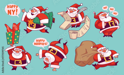 Funny Santa Claus characters in different poses with gifts, list, and bag of presents. Cheerful Christmas and New Year cartoon set for festive design and holiday greeting cards. Cartoon characters