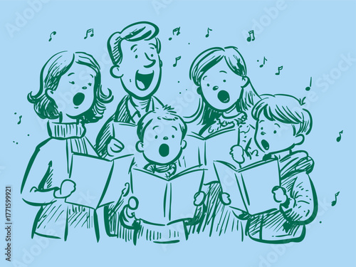 Blue monochrome line art pen sketchy illustration of parents and children singing Christmas carols with music notes around them.
