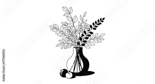 Black and white line art illustration of a still life composition featuring a vase with botanical branches and berries, alongside two apples.