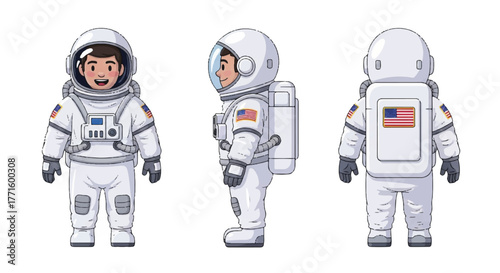 Illustration of three cartoon astronaut figures in white spacesuits with American flags on the arms and backpack against a plain white background.