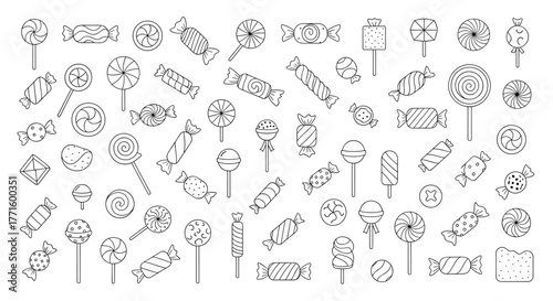 A delightful collection of hand-drawn outline candies, lollipops, and sweet treats in a seamless pattern, perfect for coloring.
