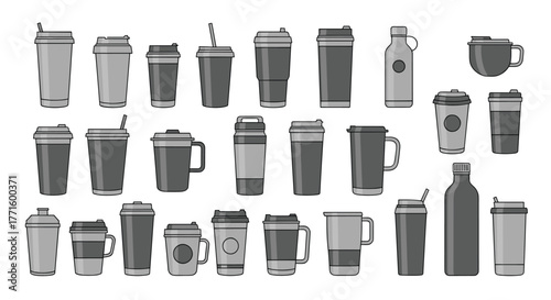 A collection of various styles of reusable travel mugs, coffee cups, and water bottles designed for on-the-go beverages.