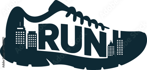 Dynamic running shoe silhouette with cityscape and bold run typography