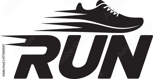 Dynamic running shoe silhouette with speed lines integrated with bold run text