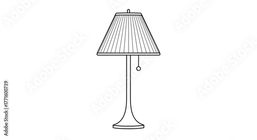 A minimalistic black and white line art drawing of a classic lamp featuring a pleated shade and pull chain, representing household lighting.