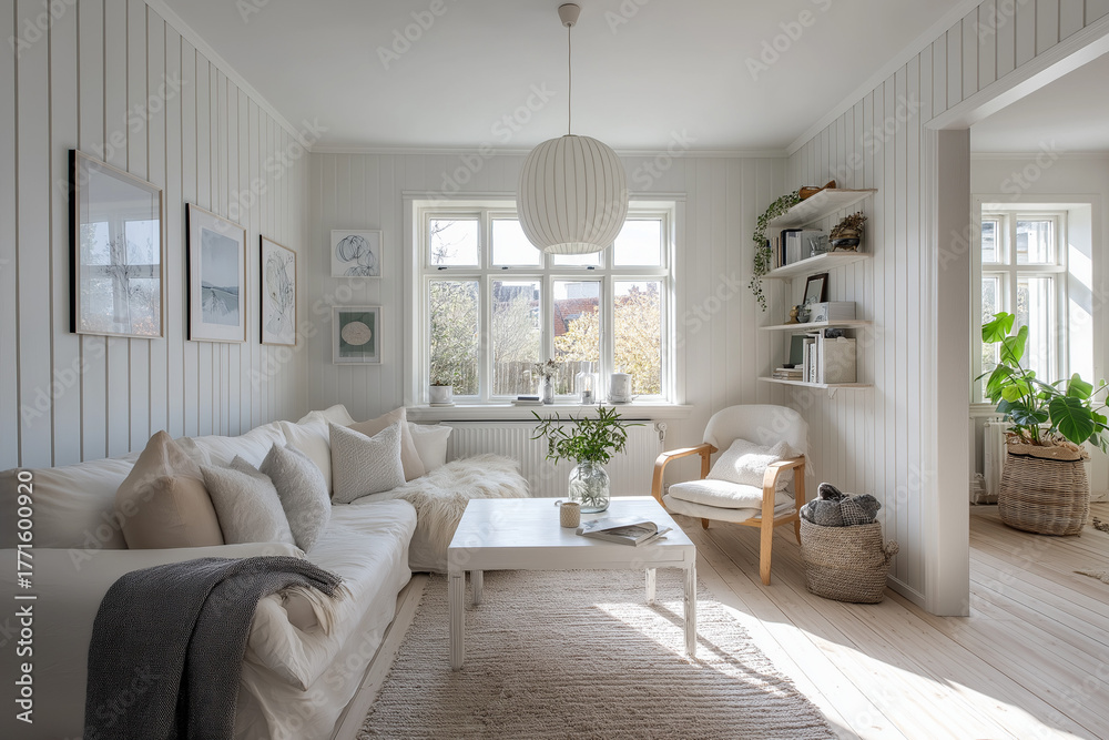 Fototapeta premium Cozy Scandinavian living room minimalist design soft