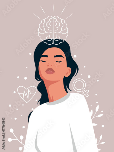 A vector illustration of a woman looking upward, with a glowing brain above her head. Clear mind, awareness, consciousness, mental health. For posters about health, psychology, women's projects