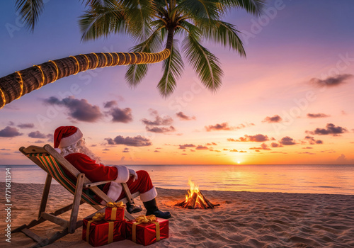 Santa Claus relaxing on a tropical beach at sunset with gifts and a campfire under a lit palm tree