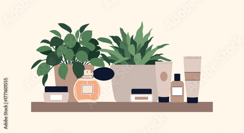 A serene minimalist illustration showcasing a collection of beauty and self-care products with green potted plants on a simple shelf.