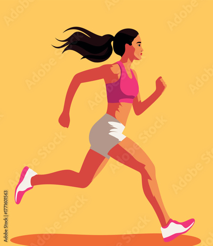 Vector sports illustration a woman running fast in sneakers against a yellow background. Physical fitness, energy, motivation. For posters, sports apps, healthy promotion. High quality, scalable