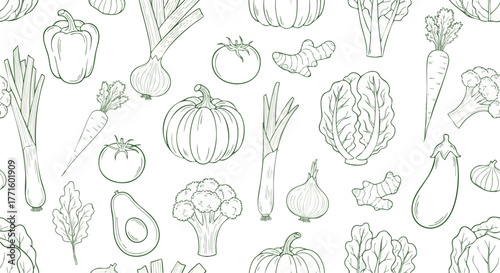 Hand-drawn vegetable pattern, seamless background, healthy food concept.