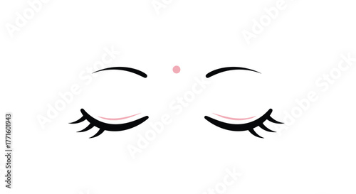 Minimalist illustration of closed eyes with delicate lashes and a spiritual pink bindi on a serene white background.