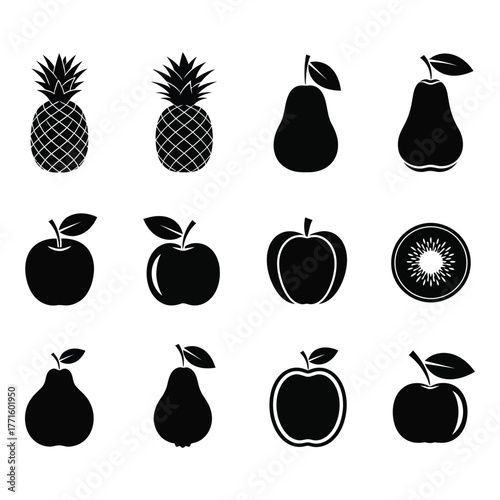 Set of twelve silhouette icons featuring various fruits including pineapples apples pears and a kiwi slice isolated on a silhouette