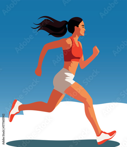 Vector sports illustration a woman running fast in sportswear sneakers against a blue sky. Symbolizes fitness, energy, motivation. For posters, sports apps, healthy promotion. High quality, scalable