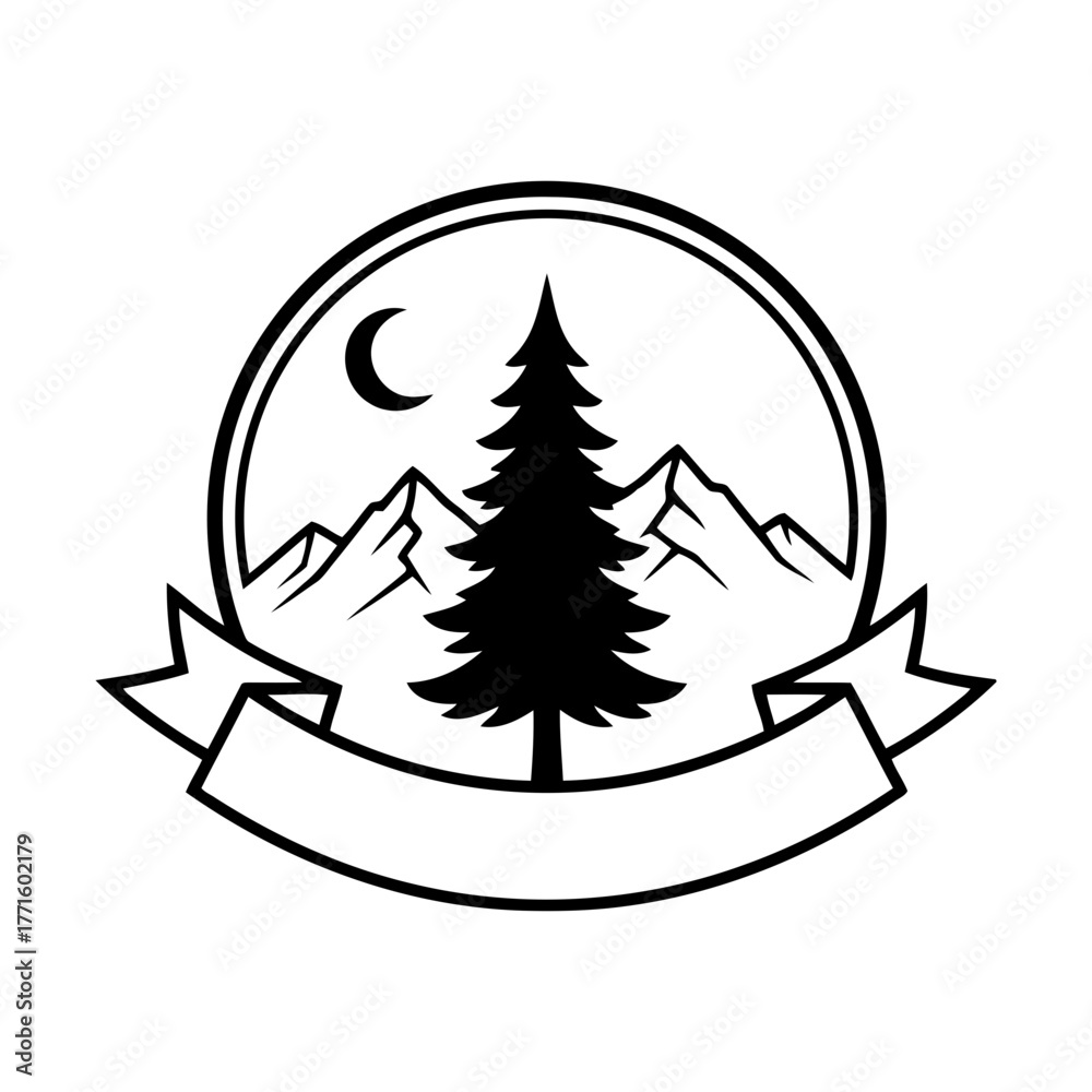 Obraz premium Vector art of mountain and pine tree logo with moon