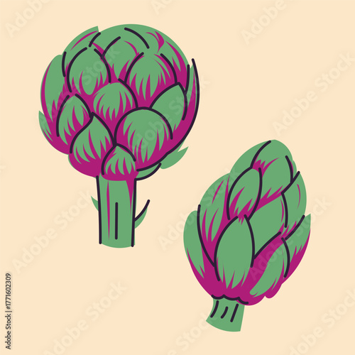 Hand-drawn artichoke in flat, doodle style. Simple vector design featuring whole tomatoes, slices, and branches. Perfect for food packaging, kitchen prints, menus, and healthy projects.