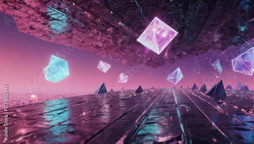 Surreal Geometric Landscape with Floating Cubes and Reflective Surface.