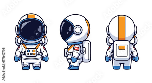 Three cartoon astronaut characters in white and orange space suits with different poses on a white background.