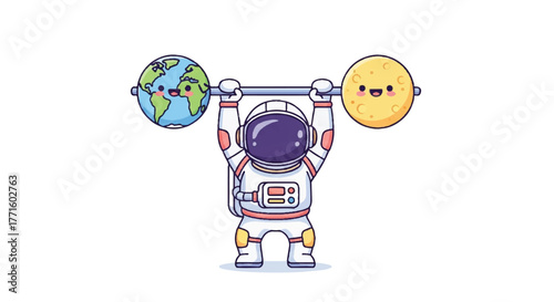 Cartoon astronaut lifting a barbell with Earth and smiley face weights in a playful, colorful illustration on a white background.