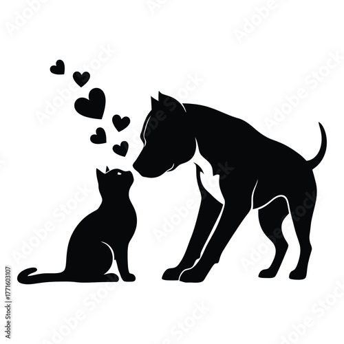 Heartwarming silhouette of dog and cat sharing affection with floating hearts symbolizing love and friendship for pet owners silhouette