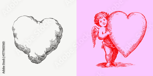 Vintage hand drawn illustration of a cherub holding a large heart and sketchy fluffy cloud shaped heart. Vector elements for wedding invitations.