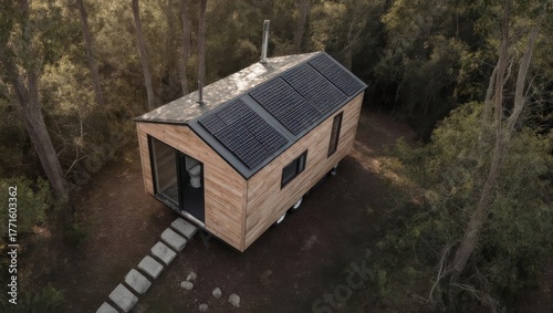 Tiny house in the forest with solar panels on the roof.