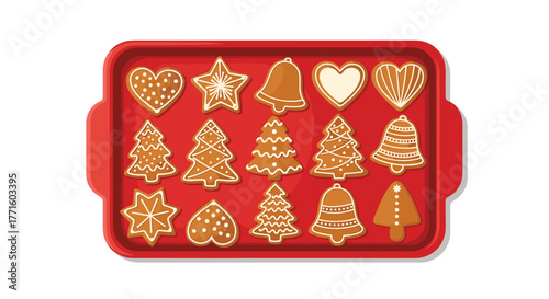 An overhead view of various holiday-themed gingerbread cookies, intricately decorated with white icing, neatly arranged on a vibrant red baking tray.