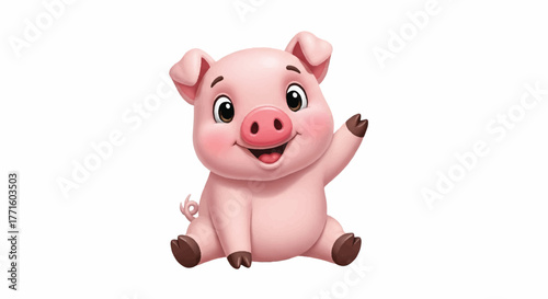 A cheerful cartoon pig with a friendly smile and raised hoof sits on a plain white background.