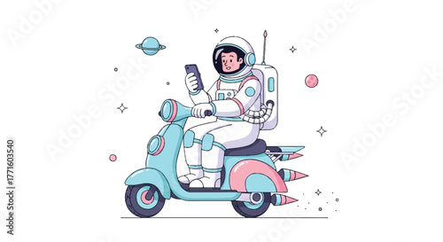 Astronaut riding a blue and pink scooter with rocket boosters through space while holding a smartphone.