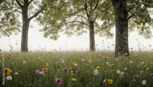Tranquil meadow scene with trees and wildflowers under a bright sky.
