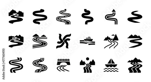Creative collection of black glyph icons depicting winding rivers, streams, and roads. Vector symbols of curving pathways through natural landscapes for creative design projects