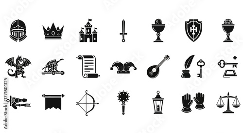 Monochrome glyph icon set depicting medieval kingdom elements, fantasy adventure items, and historical symbols