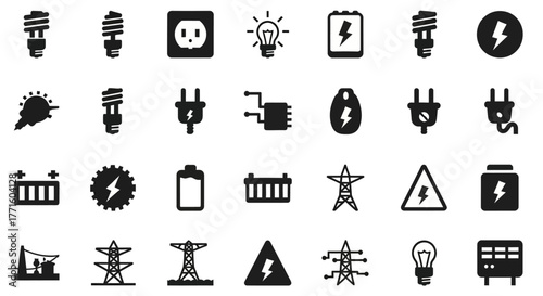 A comprehensive vector collection of electricity and energy icons. This set includes symbols for power, voltage, light, and technology
