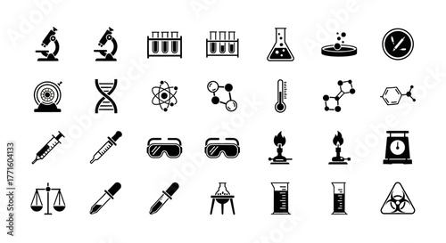 Monochrome glyph icon set illustrating scientific research concepts, chemistry laboratory equipment, and medical experimentation tools