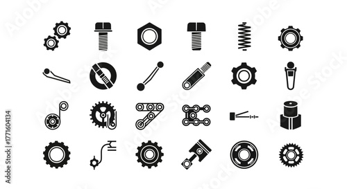 A comprehensive collection of solid black icons representing various mechanical parts, hardware, and engineering components for industry