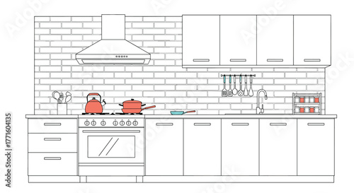 A modern and minimalist kitchen interior featuring a detailed brick backsplash, contemporary appliances, hanging utensils, and essential cooking items.