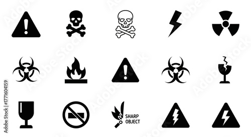 A versatile set of universal hazard warning signs and safety symbols, including poison, biohazard, flammable, and electrical danger icons