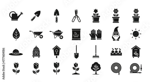 Set of gardening glyph icons. Collection of silhouette symbols for agriculture, horticulture, and farming. Includes plant, tool, and equipment vector elements