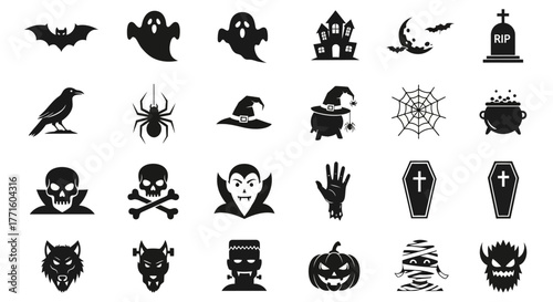 A comprehensive set of black silhouette Halloween icons featuring classic spooky symbols like ghosts, bats, pumpkins, and monsters, kufu (372)