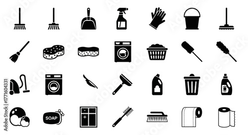 A comprehensive glyph icon set of household cleaning equipment and sanitation supplies. Vector symbols representing domestic chores and hygiene devices